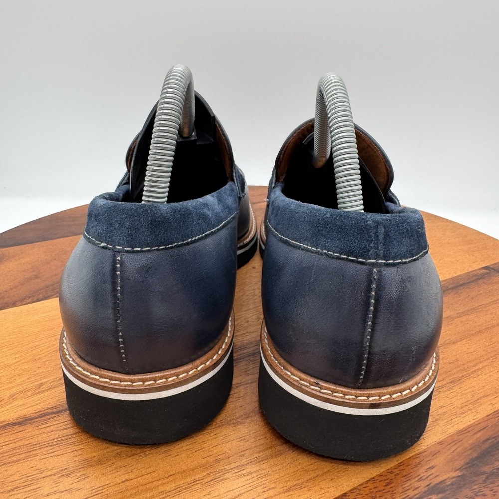 Paul Frederick Klaus Penny Loafers Mens 8 Blue Leather Dress Shoes Casual Italy - Picture 5 of 11